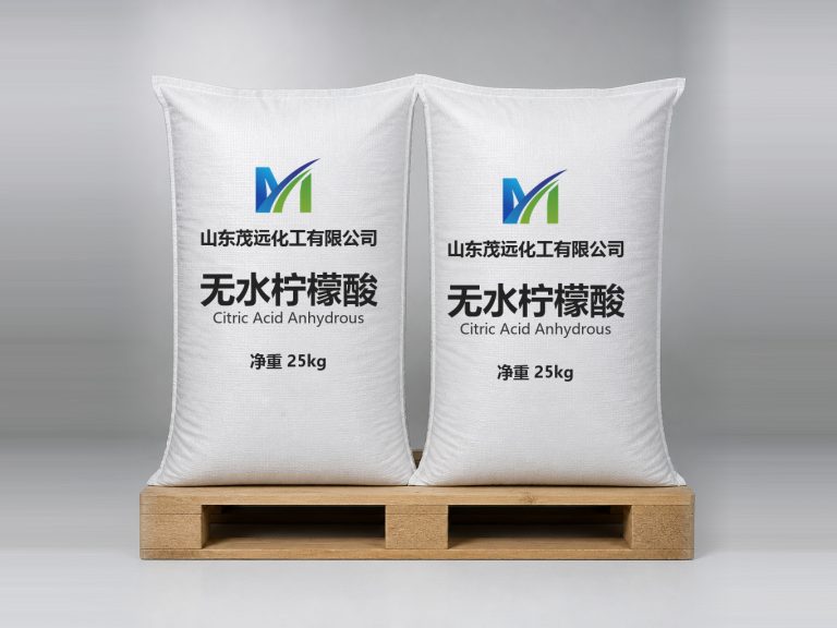 山东茂远化工无水柠檬酸产品图，白色编织袋包装，印公司标识与产品名，净重 25kg