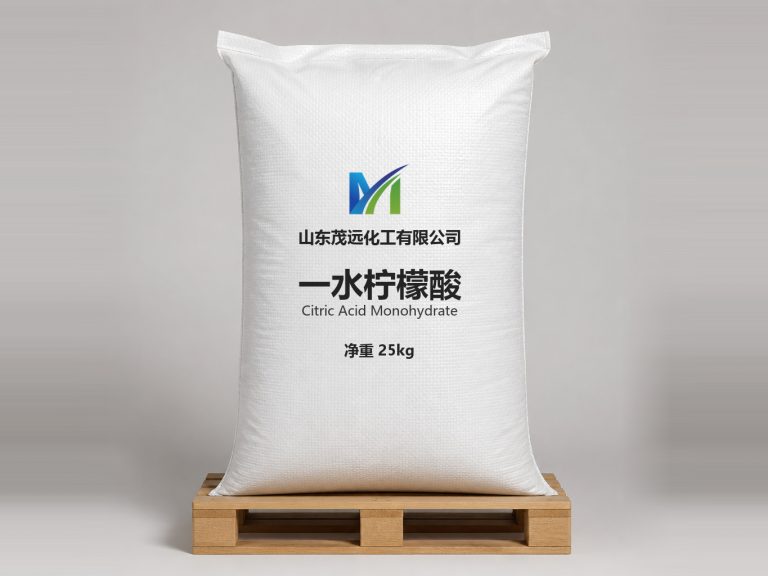 山东茂远化工一水柠檬酸产品图，白色编织袋包装，印公司标识与产品名，净重 25kg